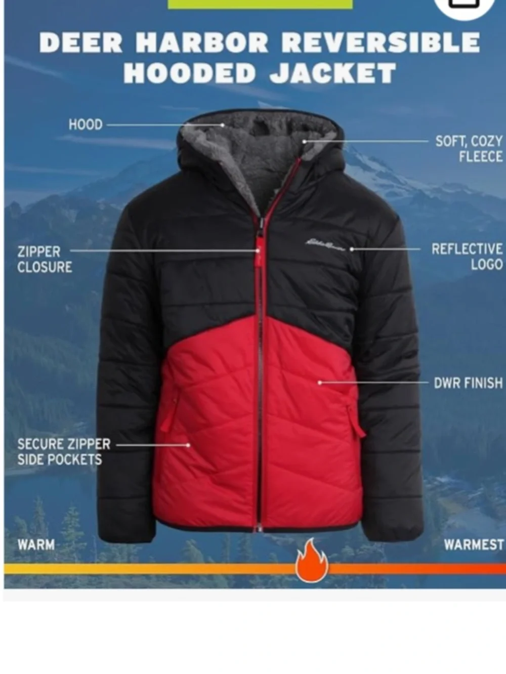 Eddie Bauer Reversible Jacket - Waterproof Lined Hooded, Black/Red, XL, NEW tags